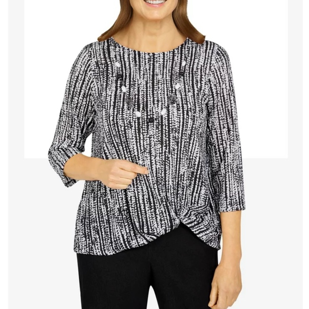 Alfred Dunner Womens Vertical Textured Twist Front Top With Necklace 3X